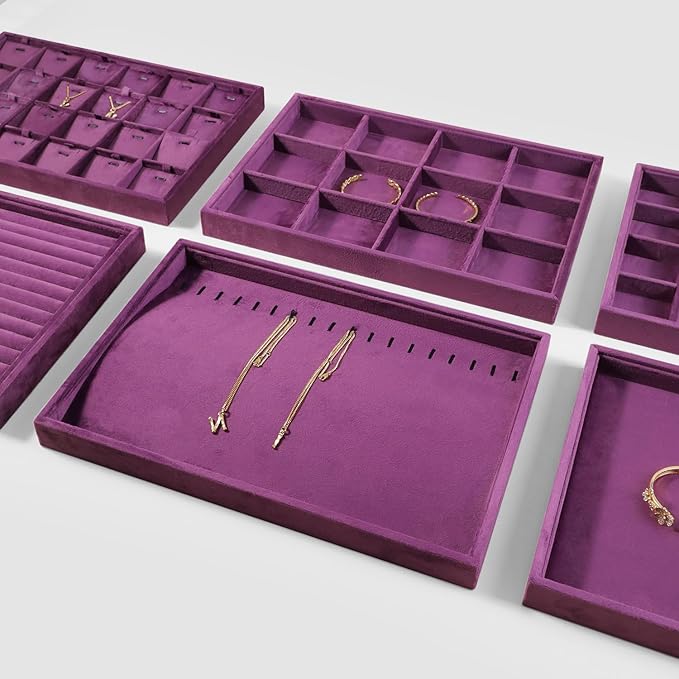 Velvet Jewelry Display Tray For Bracelet Pendant Necklace, Multi-Slot Stackable Storage Tray For Long Chain Jewelries, Drawer Insert Jewelry Organizer (Purple)