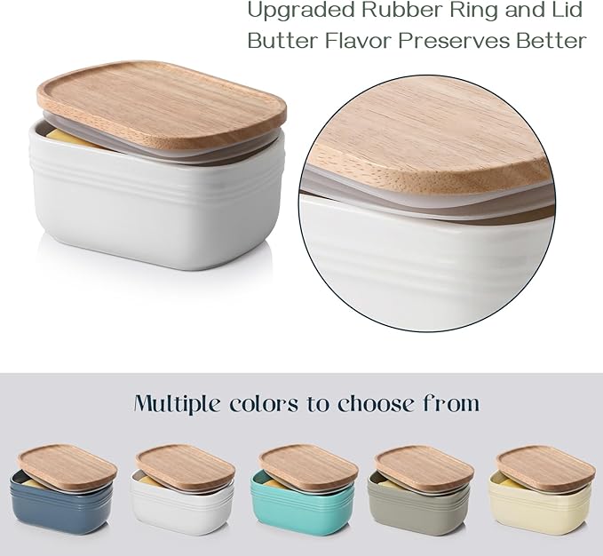 DOWAN Ceramic Butter Dish, Extra Large Butter Keeper for Countertop or Fridge, Airtight Butter Container with Wooden Lid, Farmhouse Kitchen Decor and Accessories, Freezer Safe, Soft White