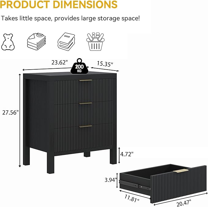 3 Drawer Dresser, Modern Wood Storage Chest of Drawers Organizer with Waveform Panel, Fluted Dresser with Wide Drawers and Golden Handles for Bedroom, Hallway, Entryway, Black