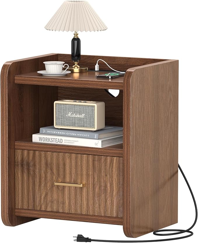 Night Stand with Charger Station, Fluted Nightstands Set of 2 with Drawer, Modern Bedside Table Set of 2, Wide Nightstands for Bedroom, Mid Century Wooden Night Stands for Home Sofa Couch