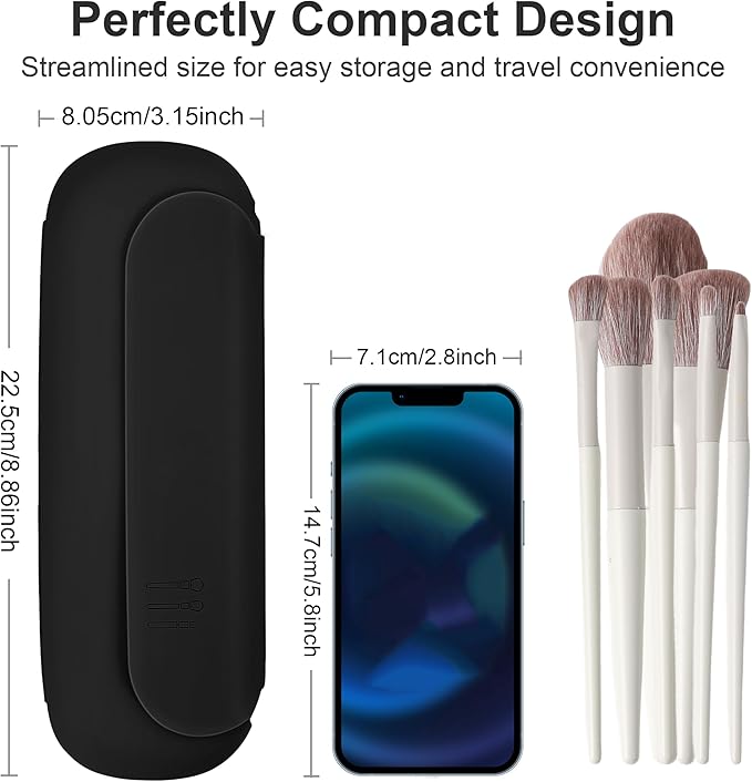 Silicone Travel Makeup Brush Holder for Women with Magnetic Closure and Built-in Brush Cleaner, Washable Cosmetic Organizer, Gift-Ready Pouch, Black