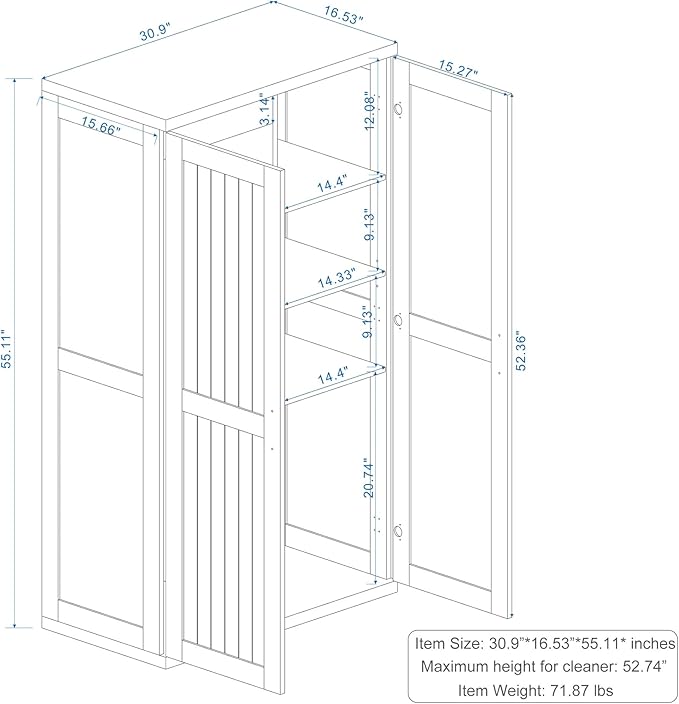 Wooden 55" Tall Broom Closet Storage Cabinet for Vacuum Cleaner & Floor Scrubbers with 2 Doors and Adjustable Shelf, Cleaning Supply Cabinet with Bottom Openwork for Laundry Room, Garage