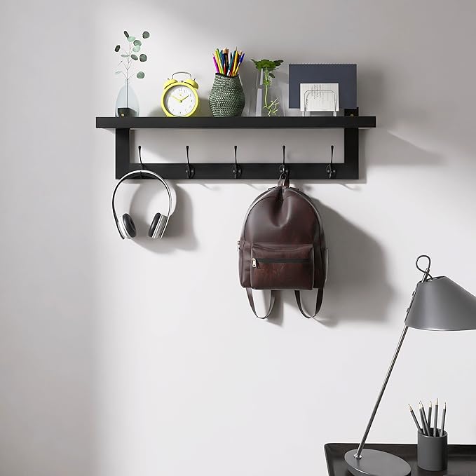 SMIBUY Coat Hooks with Shelf Wall-Mounted, 29.2 Inch Entryway Coat Rack for Wall, Bamboo Hanging Shelf with 5 Double Metal Hooks for Bathroom, Bedroom, Kitchen, Living Room, Mudroom (Black)