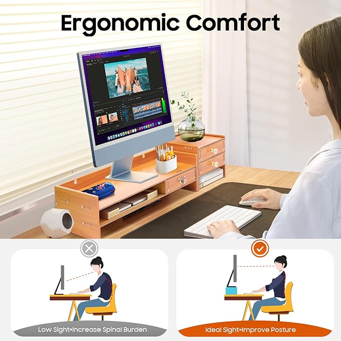 Monitor Stand,Computer Monitor Stand,Computer Rack with Drawers,Desk Shelf Wood Desk Organizer,Wooden Desktop Organizers w/Lock for Home Office Workspace Organizer (5.95lbs)