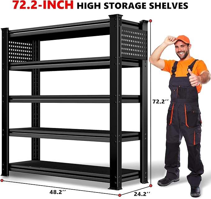 SILVEL 48.2"W Garage Shelving, 5000LBS Heavy Duty Metal Shelving, 2025 Solid Storage Shelves, 2 Side Pegboards, Industrial 5 Tier Shelves for Basement Pantry Warehouse Supermarket, 72.2" x24.2" x48.2"