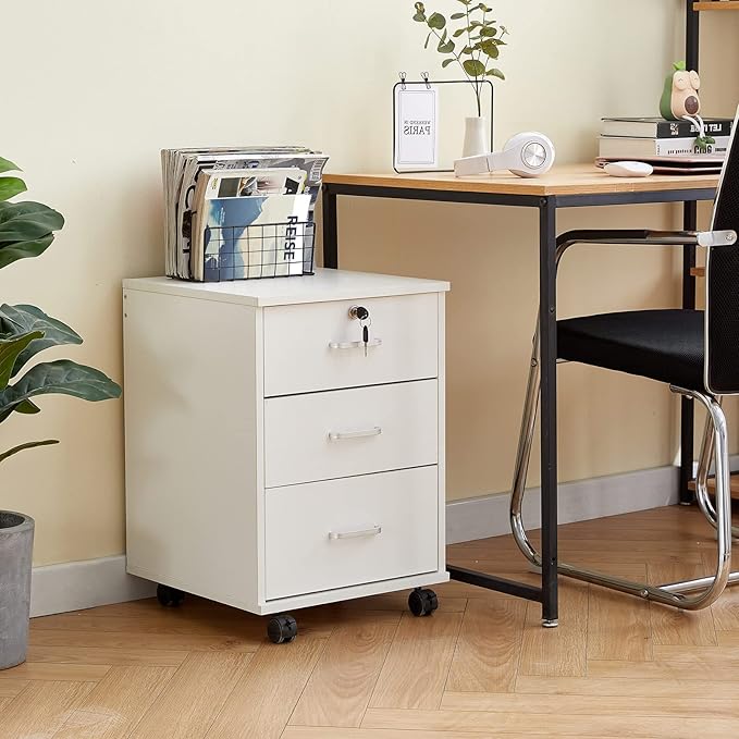 TUKAILAi Mobile File Cabinet with 3 Drawers, Lockable Storage Unit Wooden Rolling Office Filing Cabinet with Wheels, for Legal/Letter/A4 Sized Documents Home Office (White 1PCS)