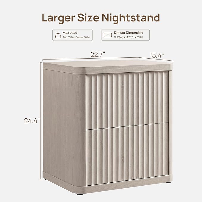 SICOTAS Night Stand Set of 2 Nightstands with 2 Drawers Storage Bedside Table Large Fluted Bed Side End Table Modern 24.4" Tall Wide Night Stands for Bedroom Living Room Sofa Couch Office, White Alder