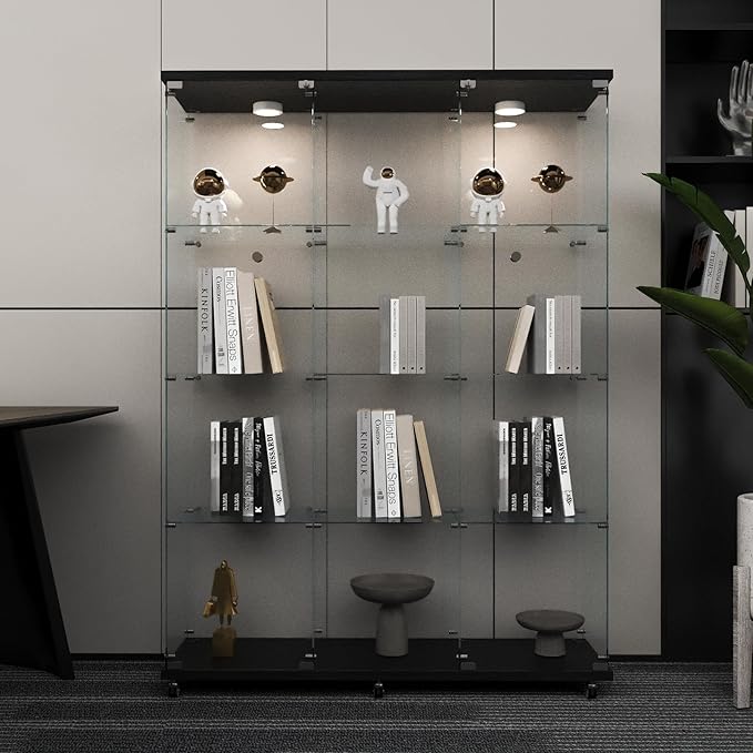 Beauty4U Glass Display Cabinet with LED Lights, Extra Large 3 Columns 2 Doors Curio Cabinets with 12 Shelves for Living Room, Bedroom, Office, Black Floor Standing DIY Glass Bookshelf