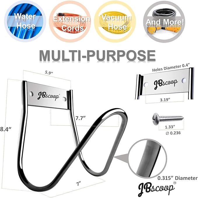 JBscoop Garden Hose Holder Stainless Steel Small Wall Mount Garden Hose Hook, Ideal for Water, Air, Hydraulic Hose, Ropes, Extension Cords Heavy Duty & Rust Proof Large Set of 1
