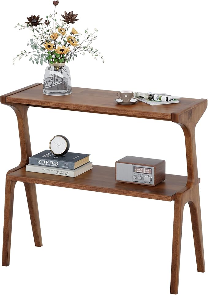 Solid Wood End Table, 2-Tier Side Table with Storage Shelf, Wooden Modern Accent Slim Bedside Table for Sofa, Living Room, Bedroom, Small Space, Easy Assembly, Rustic Brown