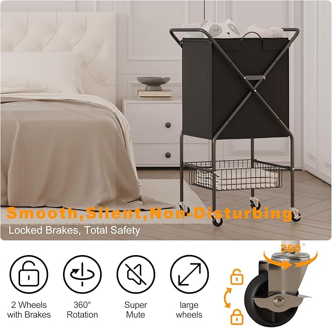 Laundry Basket with Wheels:88L Rolling Laundry Cart Foldable Metal Frame Dirty Clothes Laundry Hamper 36"H 4 Caster 2 Brake Waterproof Removable Liner Carry Handle for Dorm Laundry Room,Black