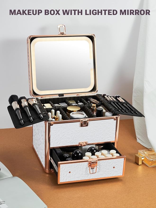 Qislee Makeup Box with Drawer and A Detachable Lighted Mirror, Waterproof Travel Train Case, Cosmetic Organizer and Makeup Suitcase with Adjustable Dividers, Magnetic LED Mirror (Bright White)