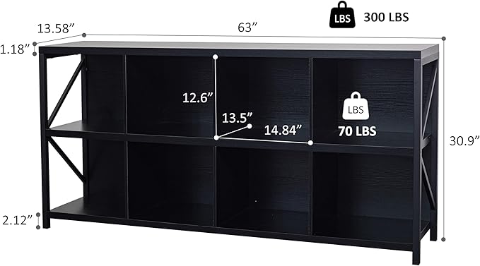 otlectics 2-Tier Bookcase with 8 Cubes, 63 Inch Industrial Horizontal Bookshelf, Home Office Storage Cabinet Organizer with Metal Legs, Black