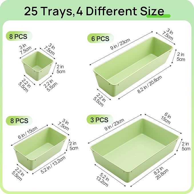 Vtopmart 25 PCS Plastic Drawer Organizers Set, 4-Size Versatile Bathroom and Vanity Drawer Organizer Trays, Storage Bins for Makeup, Bedroom, Kitchen Gadgets Utensils and Office