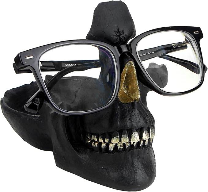 Mrlikale Skull Glasses Stand, Creative Eyeglasses Rack, Sunglasses Spectacle Display, Key Holder Resin Sculptures for Entryway, Home, Office, Desk, Nightstand (Black)