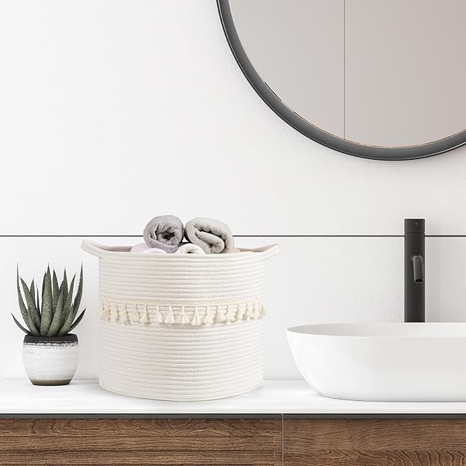 danpinera Baskets for Organizing, 3 Pack White Storage Baskets for Shelves with Tassel, 13 Inch Round Woven Baskets for Storage in any Room