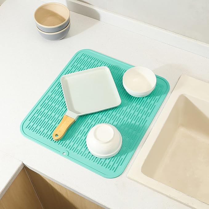 Silicone Dish Drying Mat for Multiple Usage,Easy clean,Eco-friendly,Heat-resistant Silicone Mat for Kitchen Counter or Sink,Refrigerator or Drawer Liner Mint XL 18 inches x 16 inches