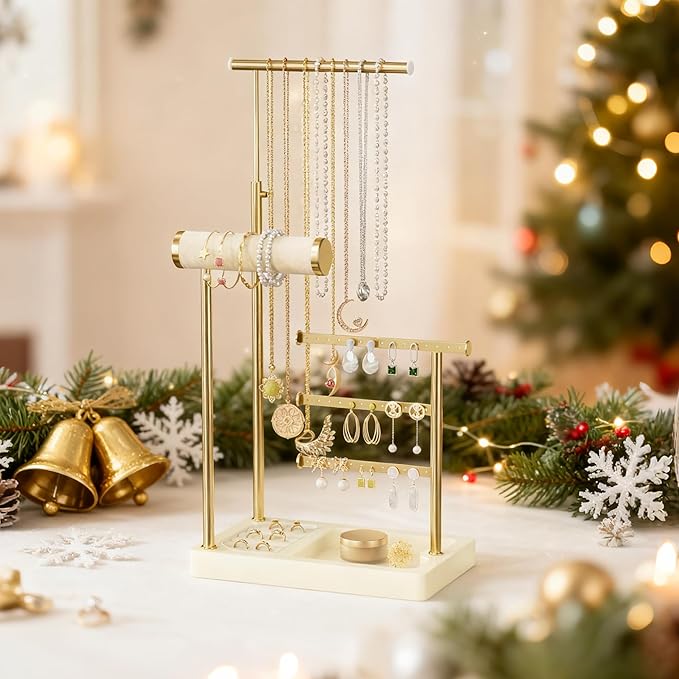 SZQINJI 5 Tier Jewelry Holder Organizer, Gold Jewelry Stand with Velvet Bracelet Holder, Adjustable Height Jewelry Display for Necklaces, Bracelets, Earrings, Rings, Gift Idea for Women, Beige