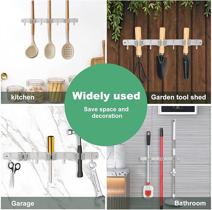 5 Pack Broom Holder Wall Mount 3 Racks 4 Hooks Stainless Steel Broom Mop Holder Anti Slip Storage Rack Strong Load Bearing Waterproof Broom and Mop Organizer Wall Hanging for Bathroom Kitchen Garage