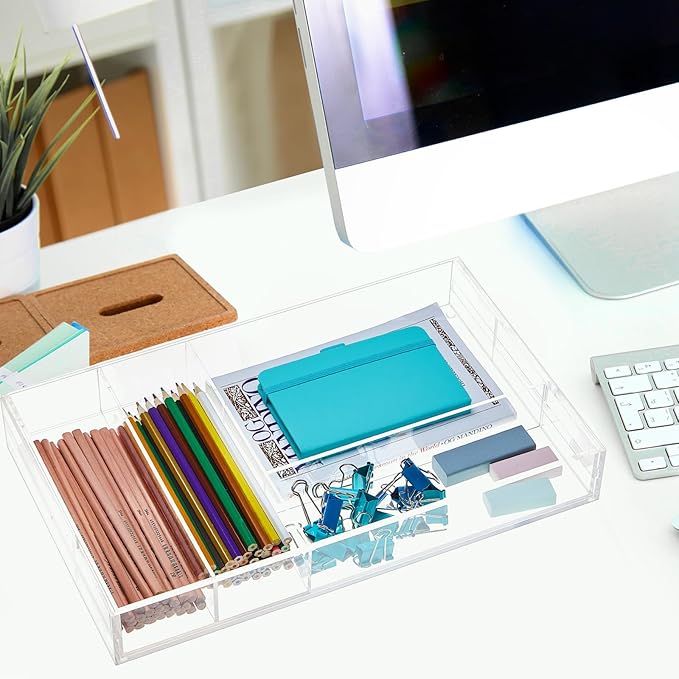 2 Pcs Acrylic Drawer Organizer 9'' up to 18'' x 15'' x 2'' Expandable Drawer Organizer Pens Notebook Ruler Makeup Tray with 7 Adjustable Compartments for Desk Office Kitchen Bathroom(Clear)