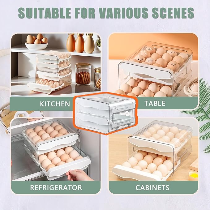 Refrigerator egg rack, egg container, egg storage box, double-layer transparent surface stackable, concave and convex handle kitchen storage organizer, bracket tray, refrigerator organizer (White)
