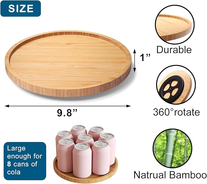 Lazy Susan Organizer for Kitchen,Bamboo Turntable for Cabinet,Pantry,Vanity,Middle（Natural）