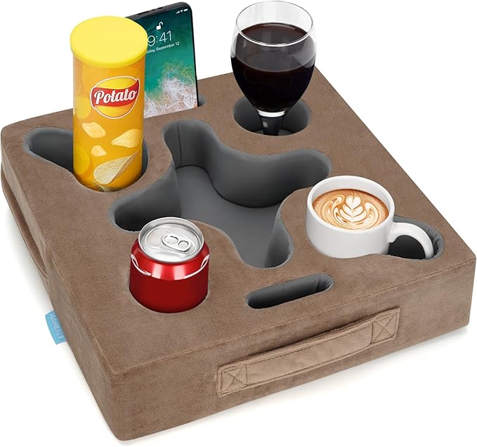 Couch Cup Holder-Sofa Cup Holder Pillow Tray Caddy Cupholder Hearted for Bed, Rv, Tv, Car, Man Cave, Backseat for Remote, Drinks, Snacks (Square-Lightbrown)