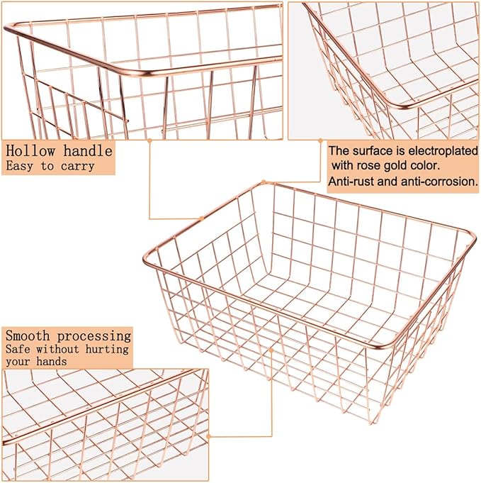 4 Pack Wire Baskets for Pantry Metal Wire Freezer Organizer Bins with Handles, Metal Basket Rose Gold Wire Baskets for Storage Organizing Office, Kitchen Cabinets, Bathroom, Countertop