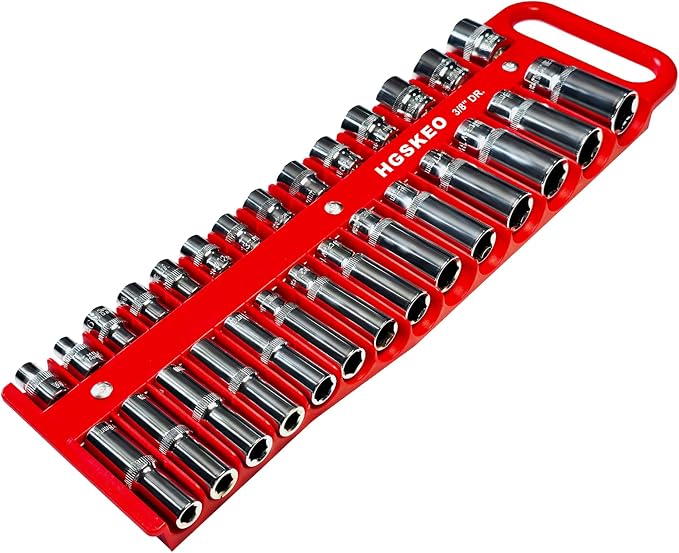 Magnetic Socket Holder Set with Handle, Portable Socket Organizer, Heavy Duty Socket Racks 3/8" Drive Holders Hold 28 standard Sockets for Tool Box (Red, 3/8" Drive)
