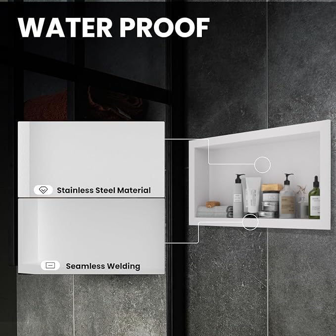 12" x 24" Stainless Steel Shower Niche, Single Waterproof Shelves, No-Tile Needed Bathroom Organizer, Rustproof Wall Shelf for Shampoo, Soap & Toiletries, White