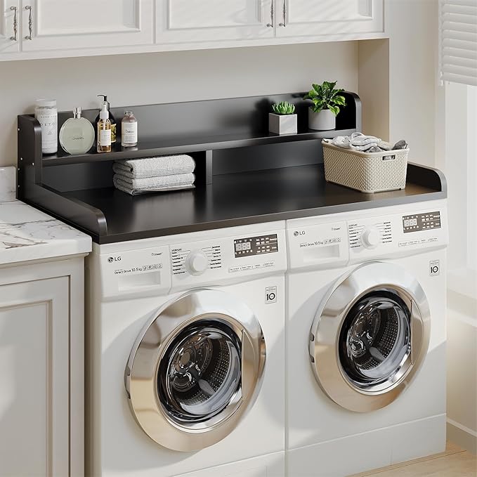 2-Tier Washer Dryer Countertop with 2.75"H Edge Rails, 54" W x 27.55" D Laundry Countertop for Folding Clothes, Washer and Dryer Topper with Non-Slip Pad (Black)