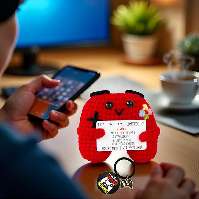 Gamer Gifts Positive Crochet Game Controller and Inspirational Keychain, Unique Teenage Boy Gifts Idea, Gaming Gift Set with Gamer Keychain, Birthday Gift Emotional Support Crochet for Game Lovers