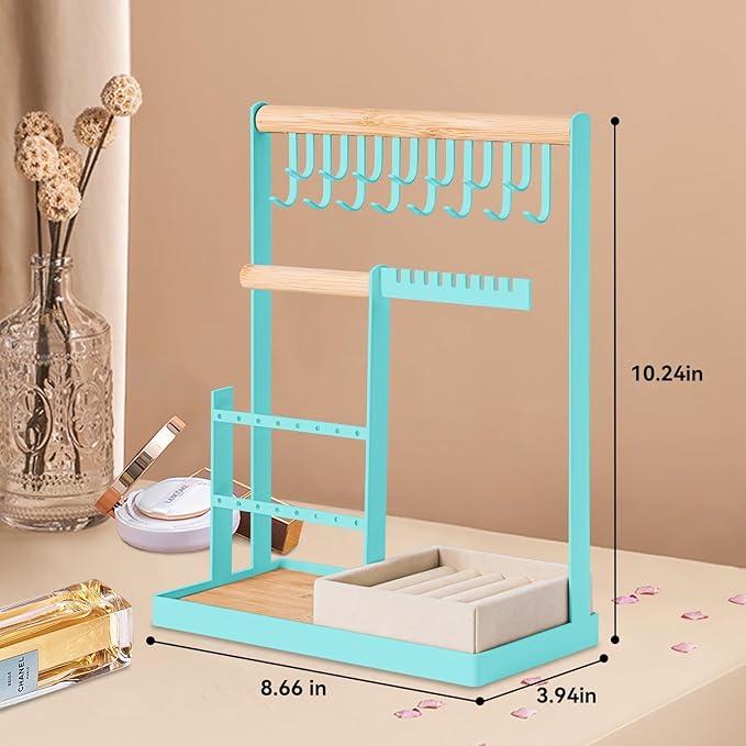 DreamGenius Jewelry Organizer Stand with Velvet Ring Holder, 4 Tier Jewelry Holder Organizer with 15 Hooks for Necklaces and 16 Holes for Earrings, Blue