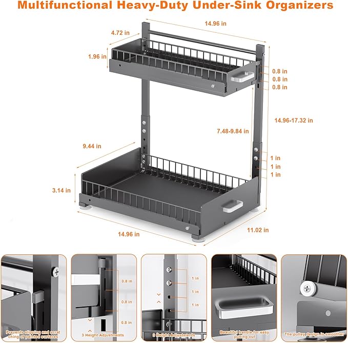 Under Sink Organizer,2 Tier Slide Out Kitchen Cabinet Organizers with Pulley,Under Bathroom Sink Pull Out Organizer with Multiple Height Adjustments for Kitchen and Bathroom Cabinets (Gray)