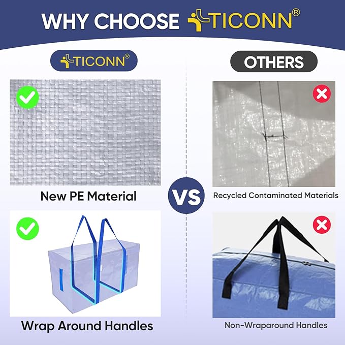 TICONN 2 Pack Extra Large Moving Bags with Zippers & Carrying Handles, Heavy-Duty Storage Tote Moving Boxes for Space Saving (2 Pack, Blue)