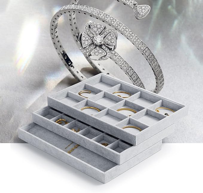 Oirlv Velvet Stackable Jewelry Display Trays 12 Grids Rings Earrings Bracelet Organizer Storage Tray(13.8"x1.29"x9.4")