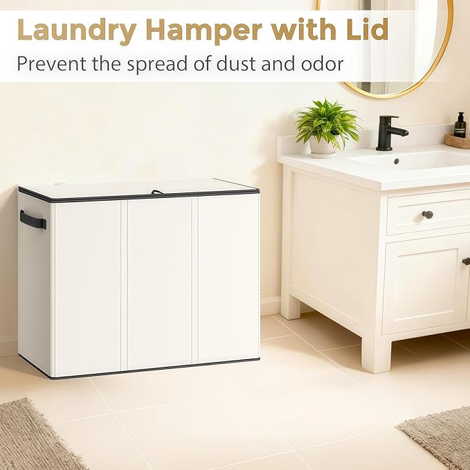 180L Laundry Hamper 3 Section, Large Laundry Basket with Lid, Laundry Basket Organizer with Handles, White Divided Laundry Baskets, Clothes Hampers for Laundry, Bedroom, Bathroom