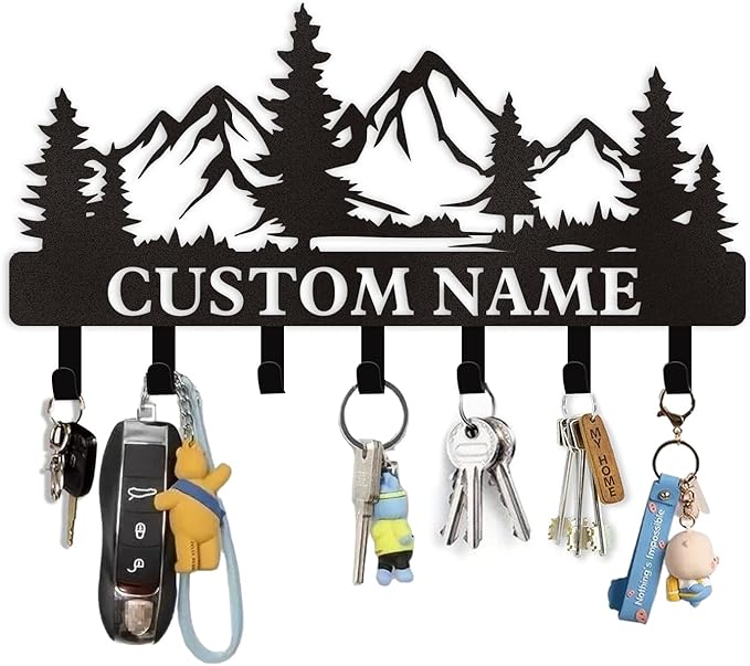 Personalized Custom Mountain Theme Key Holder with Name, Metal Wall Mount, Coat Rack, Key Hooks, Home Decor Gift