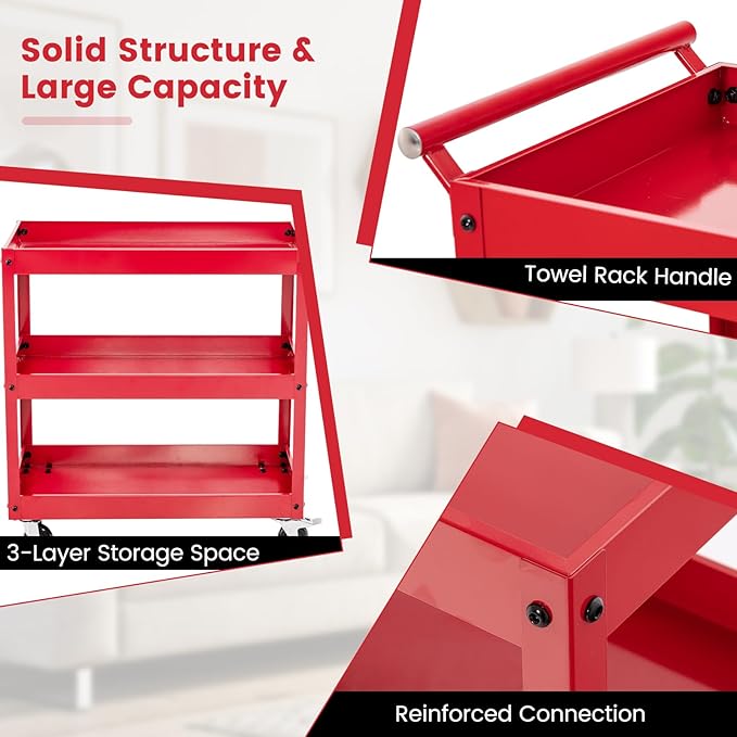Goplus 3-Tier Utility Cart, Heavy Duty Commercial Service Tool Cart w/Lockable Wheels, 330lbs Load Capacity, Ergonomic Handle, Rolling Mechanic Tool Cart Storage Organizer for Warehouse Garage Red