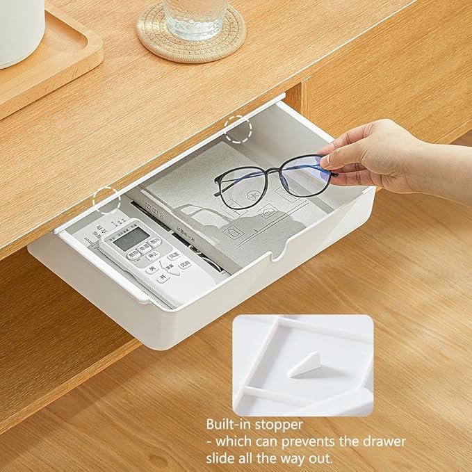 Poeland Under Desk Drawer Self-Stick Storage Organizer for Office Home School Large Size White 2 Pack