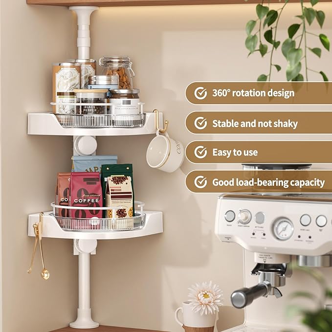 Standing Spice Rack Organizer, Counter Corner Double Tier Lazy Susan, Height Adjustable 360 Rotating Storage Rack with Hooks for Kitchen & Bathroom Corners (White)