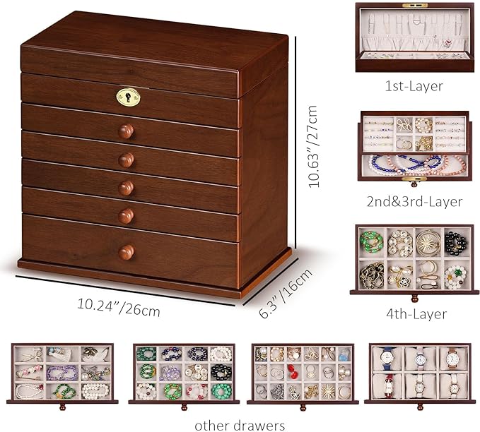 Jewelry Boxes and Organizers - Large Wooden Lockable Cabinet with Key, 8-Layer dresser top jewelry organizer, Vintage Jewelry box for Women and Men GiftIdea