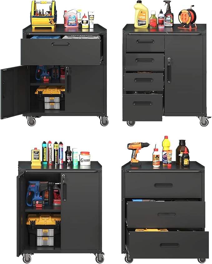 Metal Tool Cabinet,Garage Storage Cabinet System,Wall Cabinet & Locking Rolling Tool Cabinet with Doors and Adjustable Shelves,Steel Tool Cabinets for Home (4 Pcs-StyleC, Black)