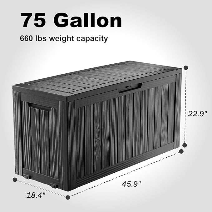 DRATO 75 Gallon Deck Box, Waterproof Resin Large Outdoor Storgae Box for Patio Furniture, Patio Cushions, Gardening Tools, Pool Supplies, Lockable（Black，75 Gallon）