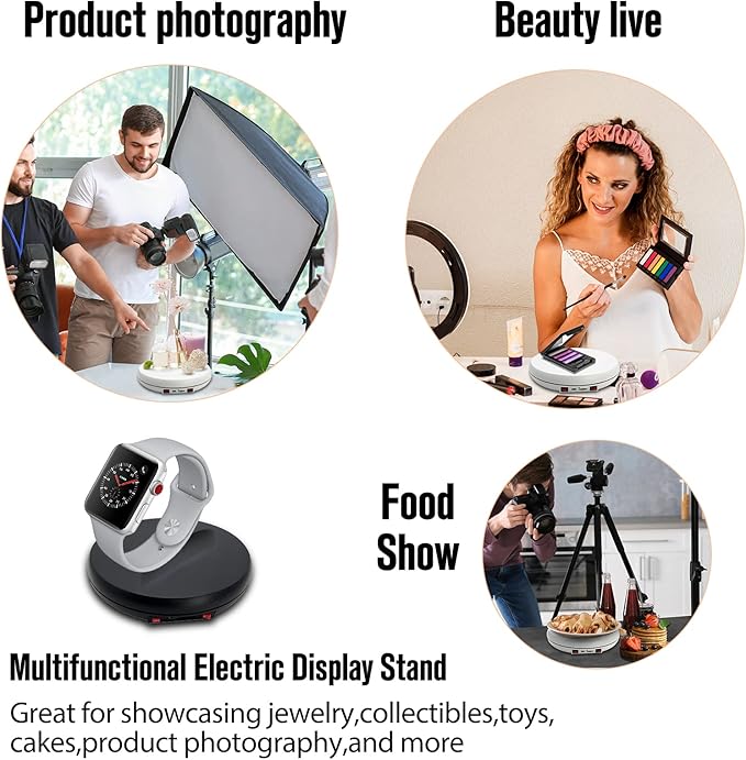 JAYEGT Motorized Rotating Display Stand with LED Light , 10 inch /55lbs Load, 360 Turntable Display Stand for Photography Products Shows, Jewelry, Watch (White / White LED Light/ Rechargeable )