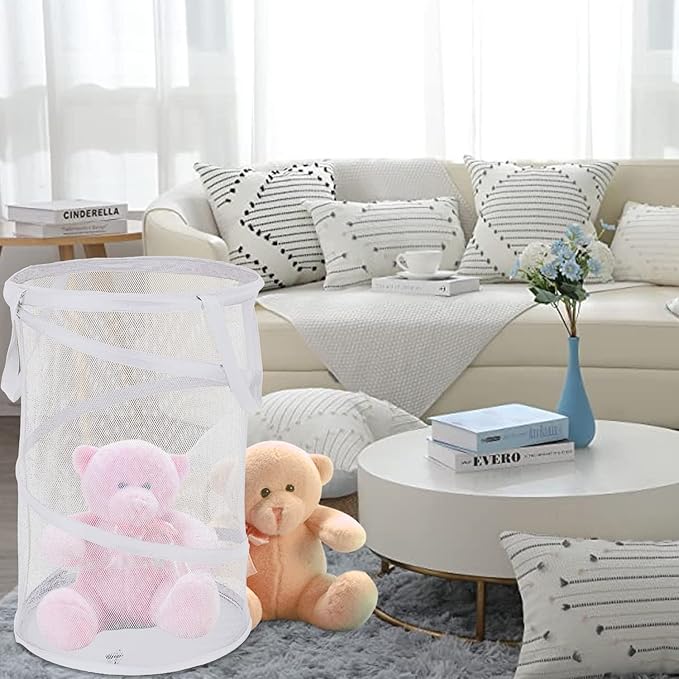 BATTOO 2 Pack White Large Collapsible Laundry Basket Foldable Mesh Pop Up Hamper with Handles for Laundry Room, Bathroom, Kids Room, College Dorm, Travel, Camping, Gift Basket