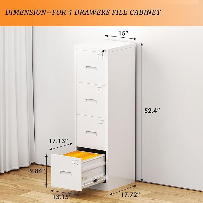 INTERGREAT 4 Drawers File Cabinet with Lock, 18" D Vertical Filing Cabinet for Home Office, Metal White File Cabinet for Hanging Letter/F4/A4/Legal Folders, Easy Assemble