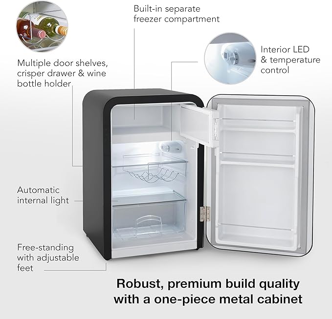 Cooluli Curve 3.8 cu ft Mini Fridge with Freezer - Small Refrigerator for Bedroom, Office, Dorm Room (Black, 3.2 cu.ft Refrigerator, 0.6 Freezer)