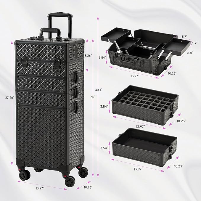 Leeora&Leekoo Portable Multi-Storey Nail Case for Nail Tech Organizer - Wheels Makeup Case Organizer, Cosmetic Case, Makeup Train Case, Make Up Case (Black)