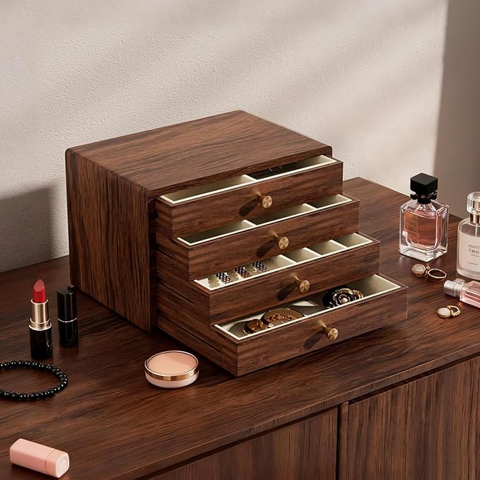 GENUINED Large Black Walnut Wooden Jewelry Box, High End Solid Wood Jewelry Organizer, Vintage Style for Watch Necklace Ring Earring Storage, Birthday Christmas Gifts for Women(4 Layer)